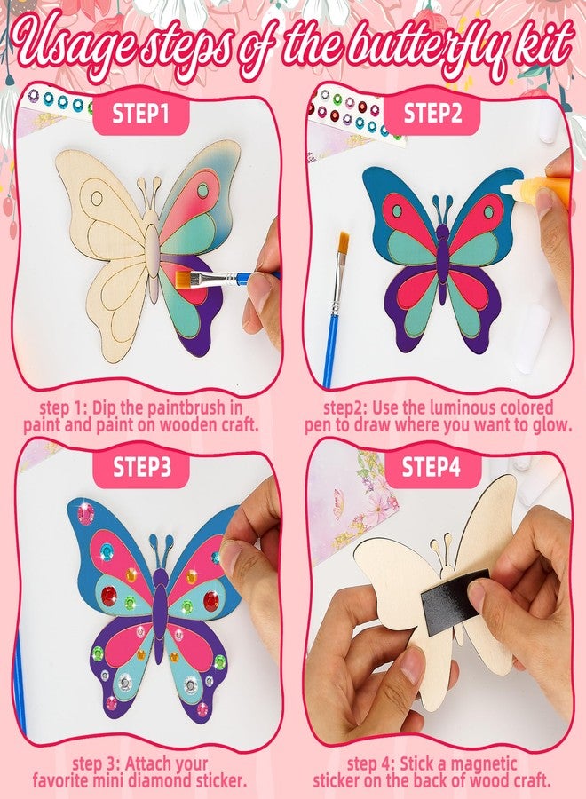 Bafeil 24 Pack Butterfly Party Favors - Non-Toxic Wooden DIY Butterflies Paint Craft - with Magnet Luminous Pen Diamond Sticker - Butterfly Birthday Party Supplies Goodie Bag Gift Prize for Kids Girl Toddler - Image 5